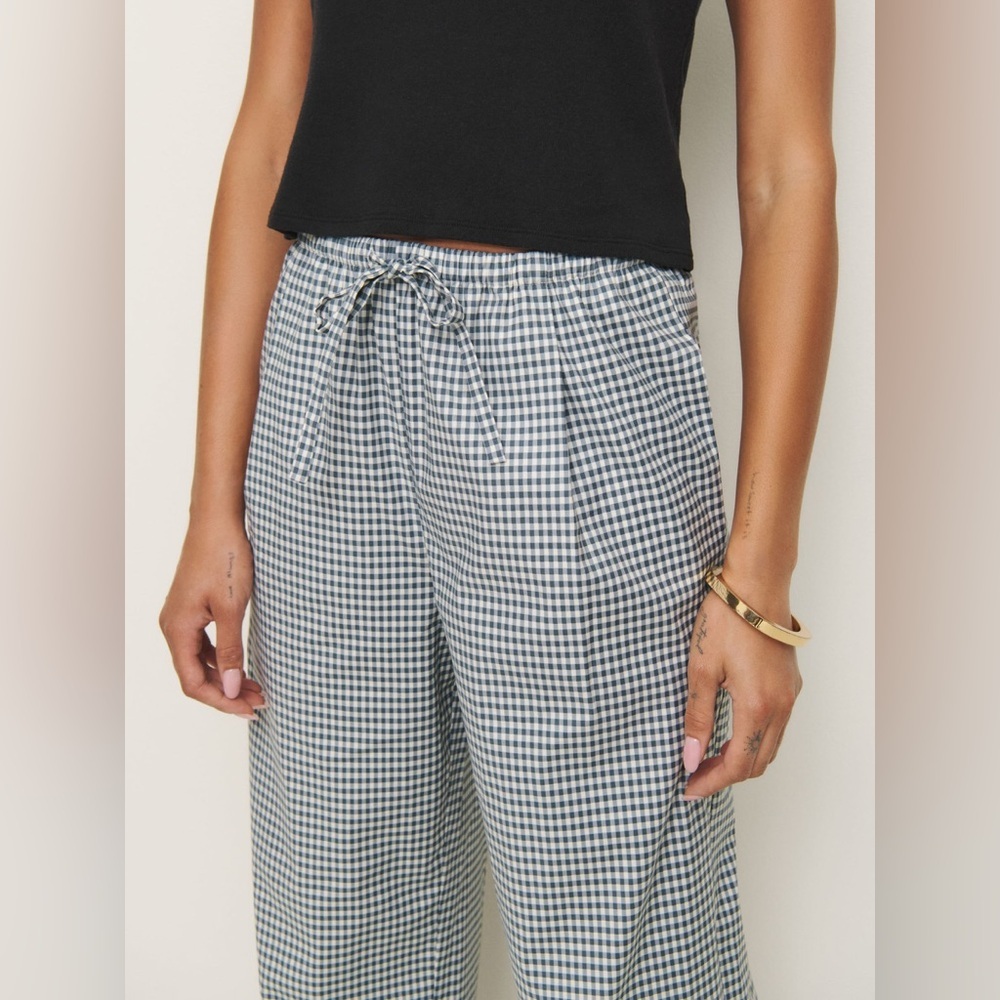 NWT Reformation Micah Cotton Pant in Slate Check Gingham Navy White | size S - Picture 4 of 9